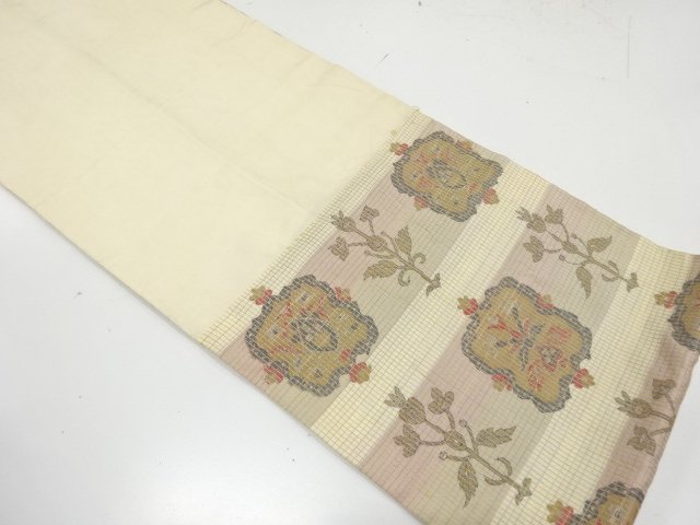  アンティーク　横段に花更紗模様織り出し袋帯（材料）